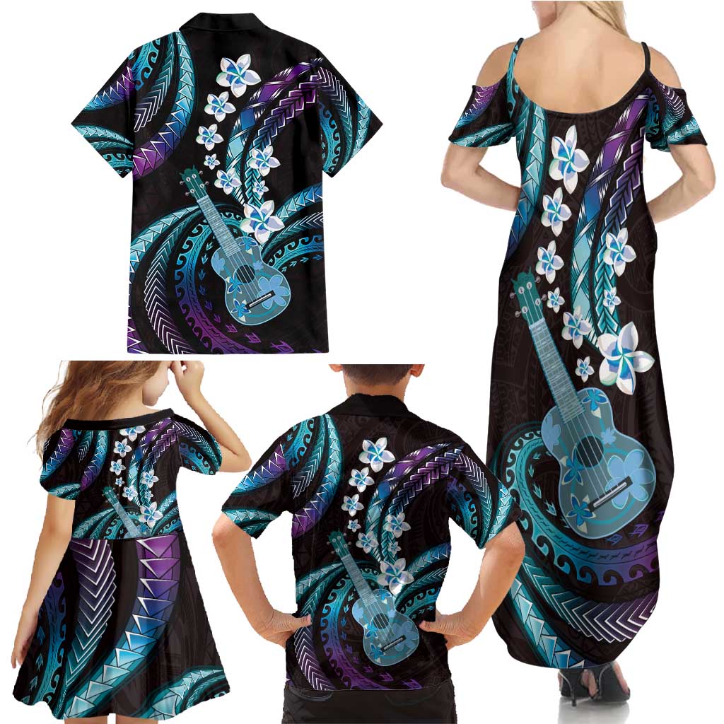 Hawaiian Ukulele Family Matching Summer Maxi Dress and Hawaiian Shirt Amethyst Gradient Fantastic Plumeria
