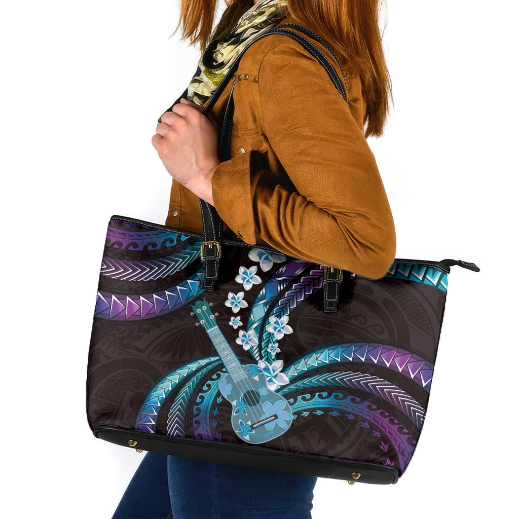 Hawaiian Ukulele Leather Tote Bag Amethyst Gradient Fantastic Plumeria
