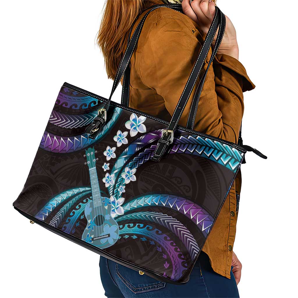 Hawaiian Ukulele Leather Tote Bag Amethyst Gradient Fantastic Plumeria LT01 - Polynesian Pride