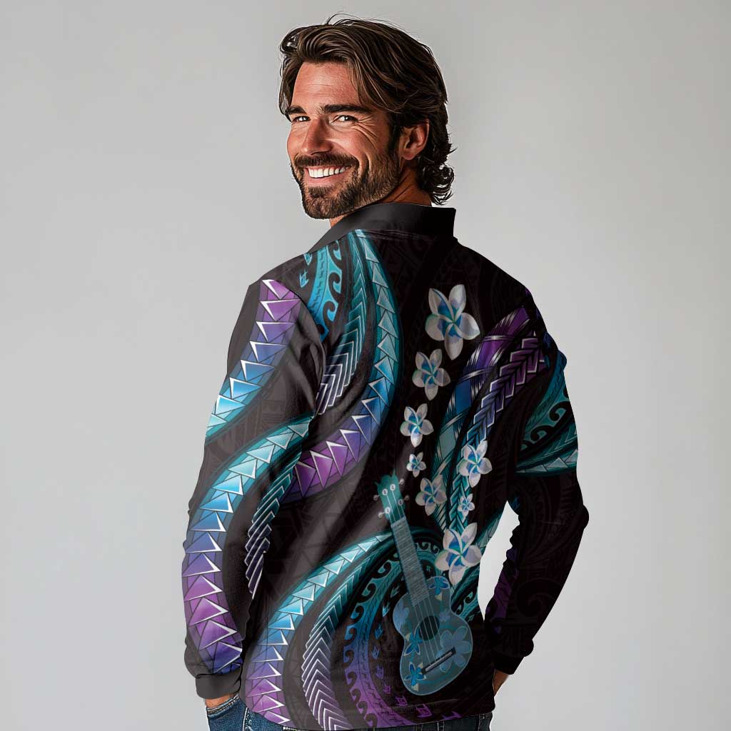 Hawaiian Ukulele Long Sleeve Polo Shirt Amethyst Gradient Fantastic Plumeria