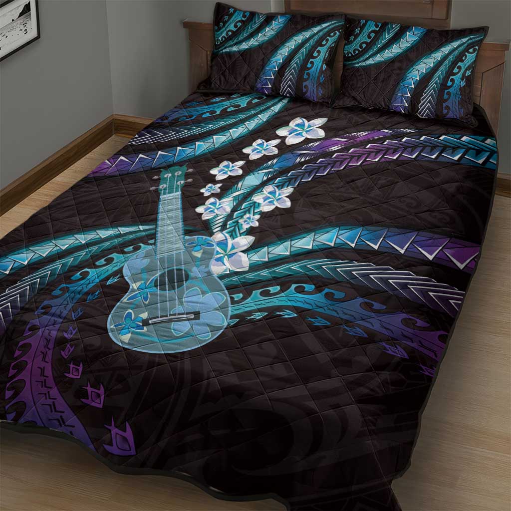 Hawaiian Ukulele Quilt Bed Set Amethyst Gradient Fantastic Plumeria