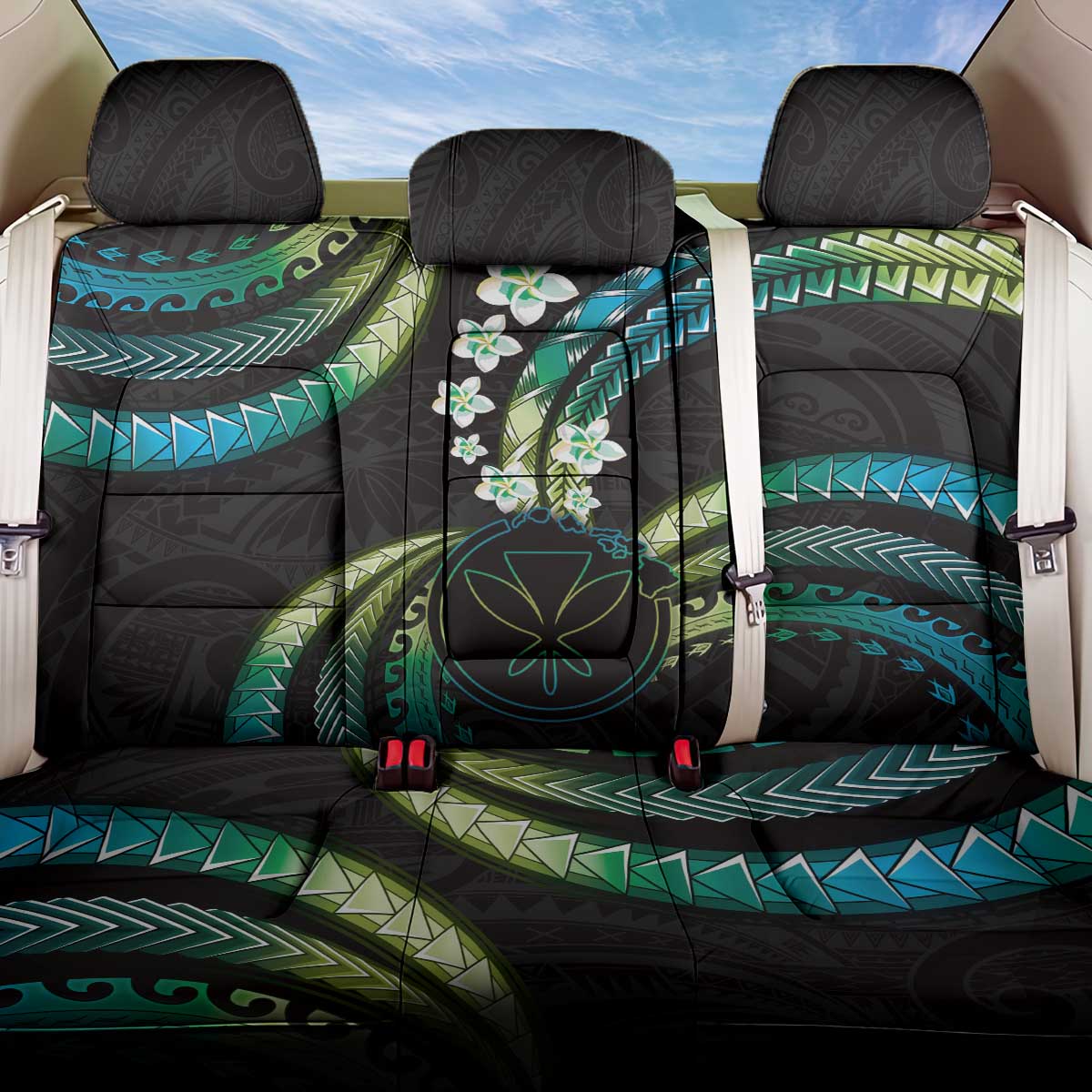 Hawaii Map Kanaka Maoli Back Car Seat Cover Fantastic Frangipani Chartreuse Cyan