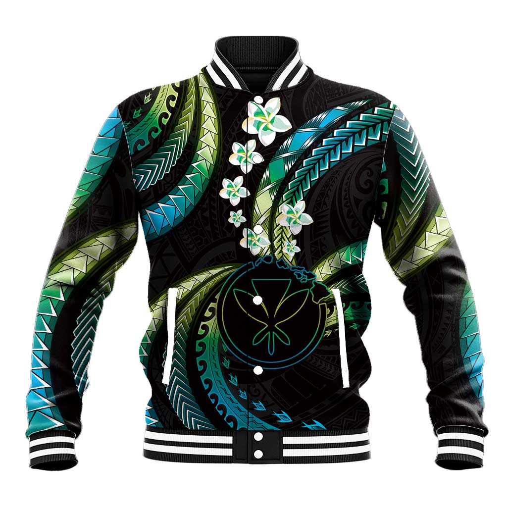 Hawaii Map Kanaka Maoli Baseball Jacket Fantastic Frangipani Chartreuse Cyan LT01 Unisex Cyan - Polynesian Pride