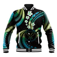 Hawaii Map Kanaka Maoli Baseball Jacket Fantastic Frangipani Chartreuse Cyan LT01 Unisex Cyan - Polynesian Pride