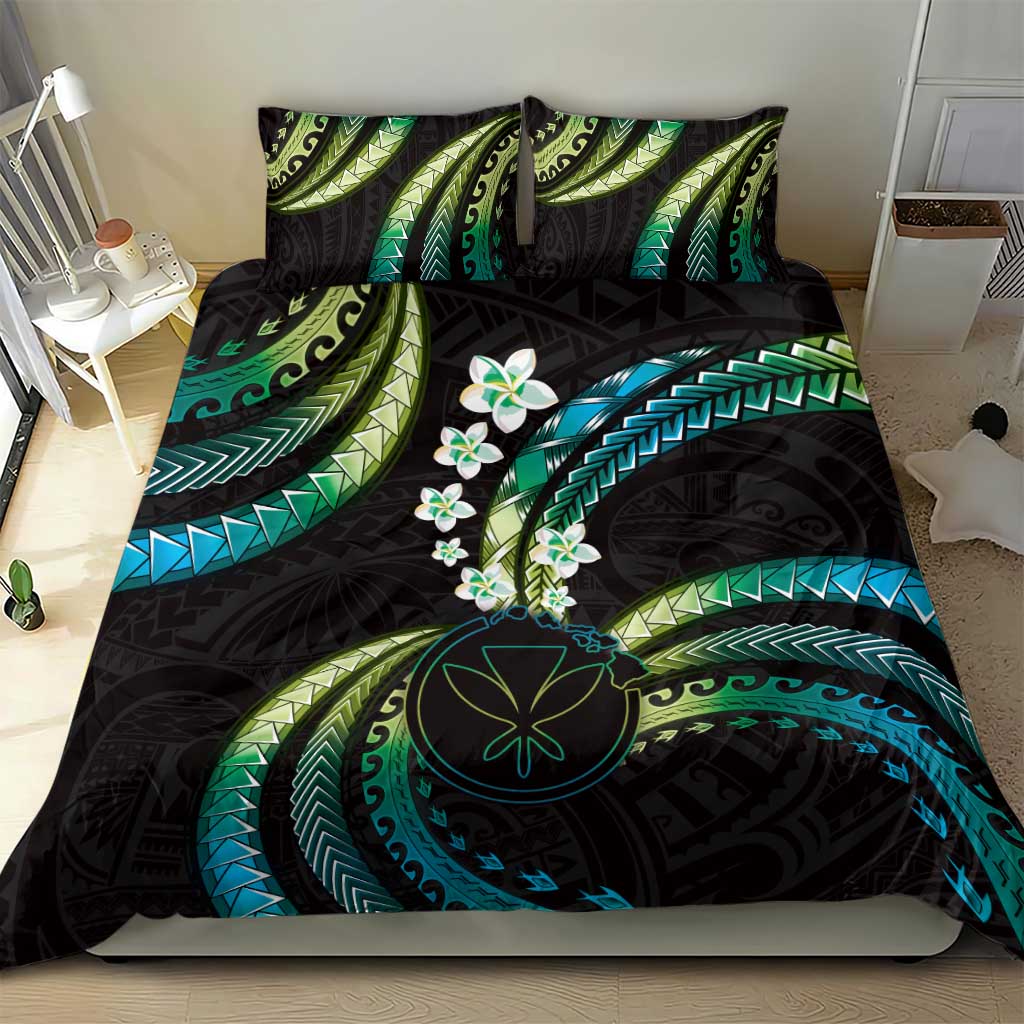 Hawaii Map Kanaka Maoli Bedding Set Fantastic Frangipani Chartreuse Cyan