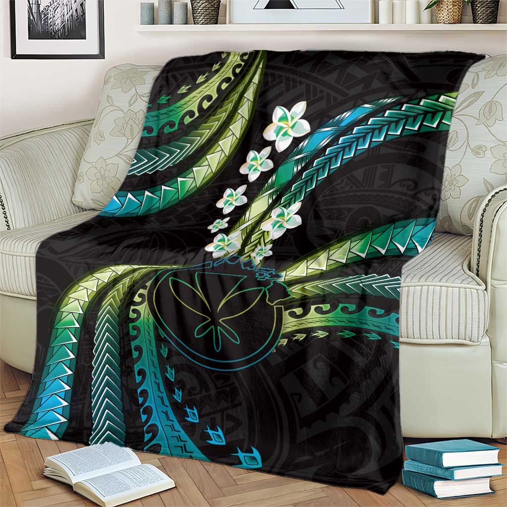 Hawaii Map Kanaka Maoli Blanket Fantastic Frangipani Chartreuse Cyan LT01 - Polynesian Pride