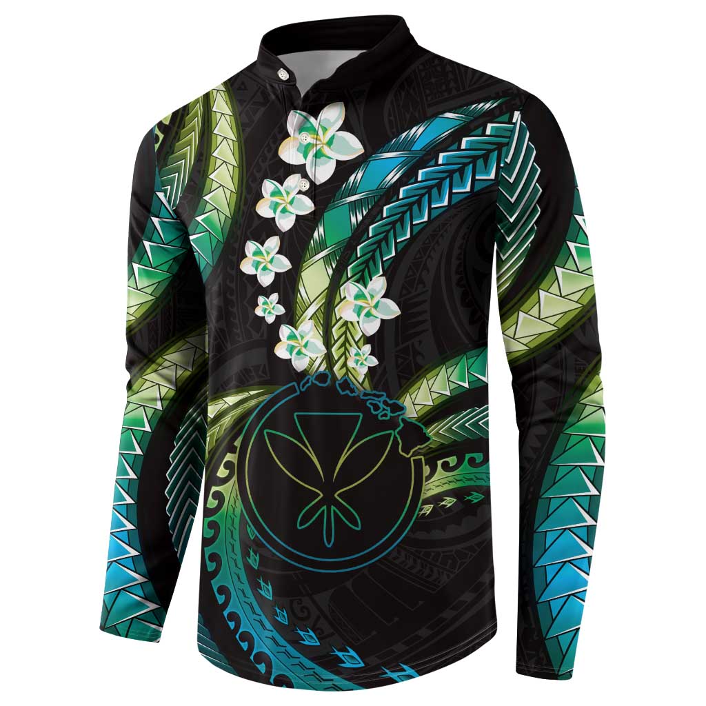 Hawaii Map Kanaka Maoli Button Sweatshirt Fantastic Frangipani Chartreuse Cyan LT01 - Polynesian Pride