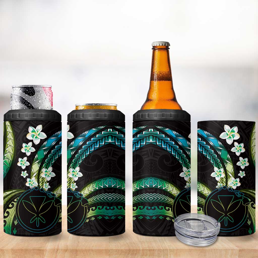 Hawaii Map Kanaka Maoli 4 in 1 Can Cooler Tumbler Fantastic Frangipani Chartreuse Cyan