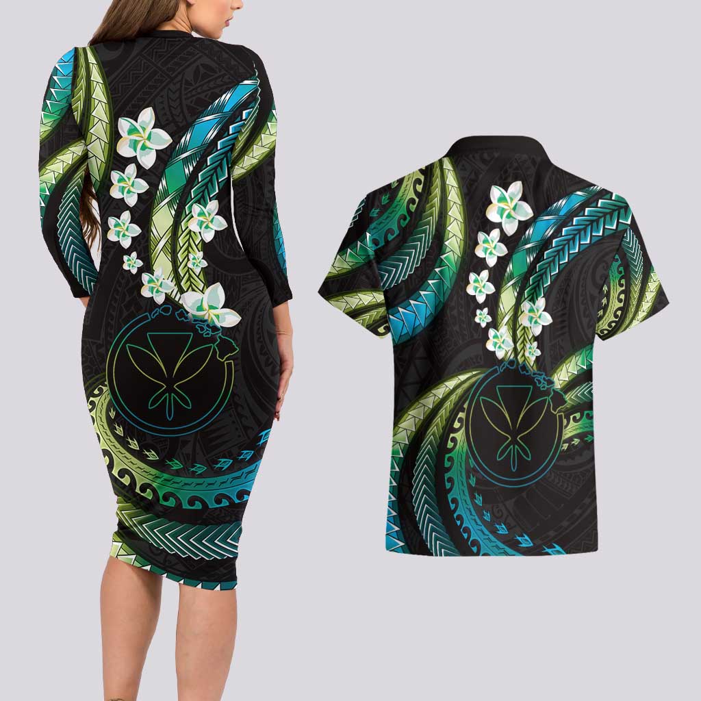 Hawaii Map Kanaka Maoli Couples Matching Long Sleeve Bodycon Dress and Hawaiian Shirt Fantastic Frangipani Chartreuse Cyan