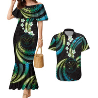 Hawaii Map Kanaka Maoli Couples Matching Mermaid Dress and Hawaiian Shirt Fantastic Frangipani Chartreuse Cyan
