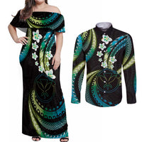 Hawaii Map Kanaka Maoli Couples Matching Off Shoulder Maxi Dress and Long Sleeve Button Shirt Fantastic Frangipani Chartreuse Cyan