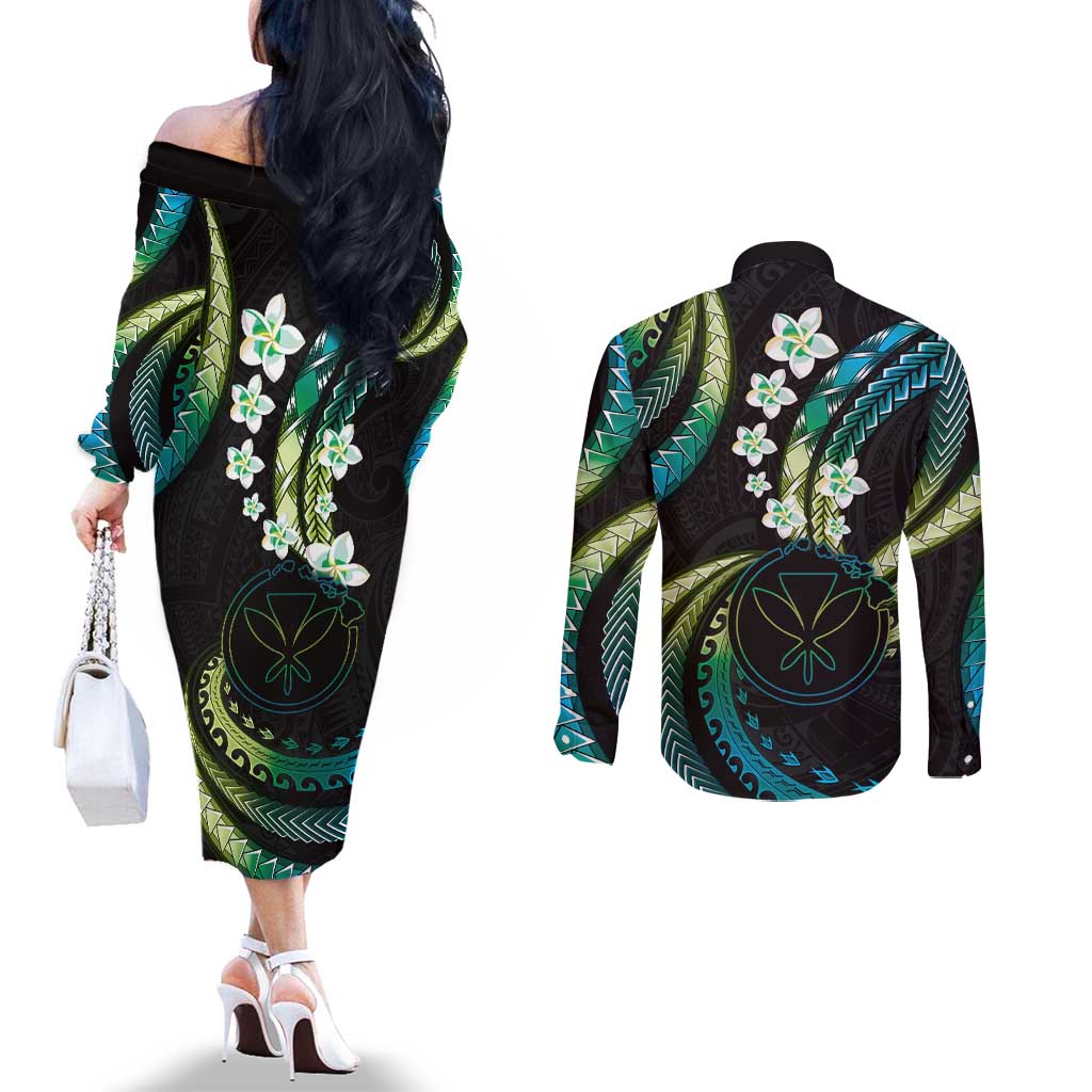 Hawaii Map Kanaka Maoli Couples Matching Off The Shoulder Long Sleeve Dress and Long Sleeve Button Shirt Fantastic Frangipani Chartreuse Cyan