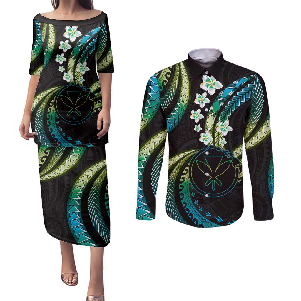 Hawaii Map Kanaka Maoli Couples Matching Puletasi and Long Sleeve Button Shirt Fantastic Frangipani Chartreuse Cyan LT01 Cyan - Polynesian Pride