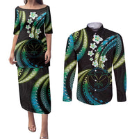 Hawaii Map Kanaka Maoli Couples Matching Puletasi and Long Sleeve Button Shirt Fantastic Frangipani Chartreuse Cyan LT01 Cyan - Polynesian Pride