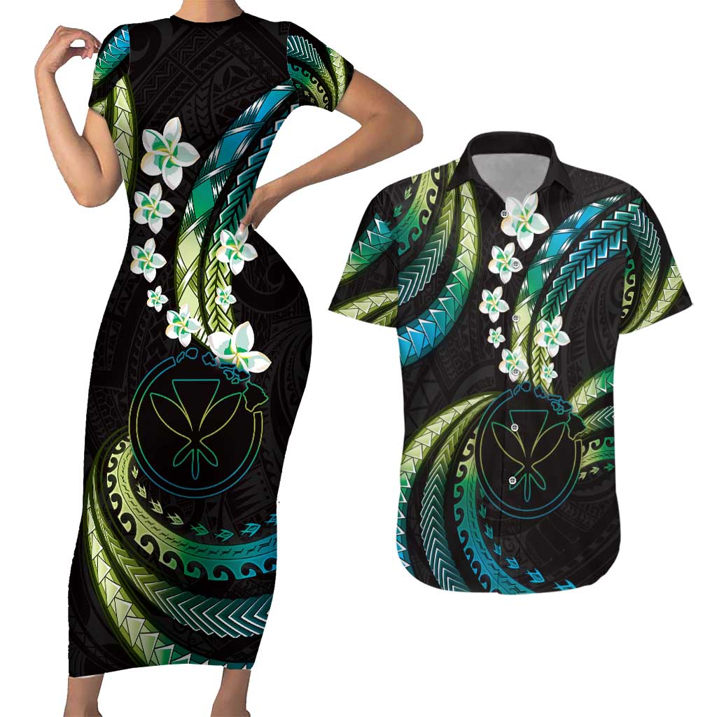 Hawaii Map Kanaka Maoli Couples Matching Short Sleeve Bodycon Dress and Hawaiian Shirt Fantastic Frangipani Chartreuse Cyan