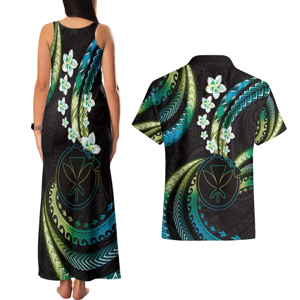 Hawaii Map Kanaka Maoli Couples Matching Tank Maxi Dress and Hawaiian Shirt Fantastic Frangipani Chartreuse Cyan