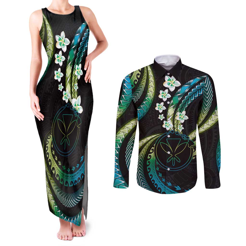 Hawaii Map Kanaka Maoli Couples Matching Tank Maxi Dress and Long Sleeve Button Shirt Fantastic Frangipani Chartreuse Cyan