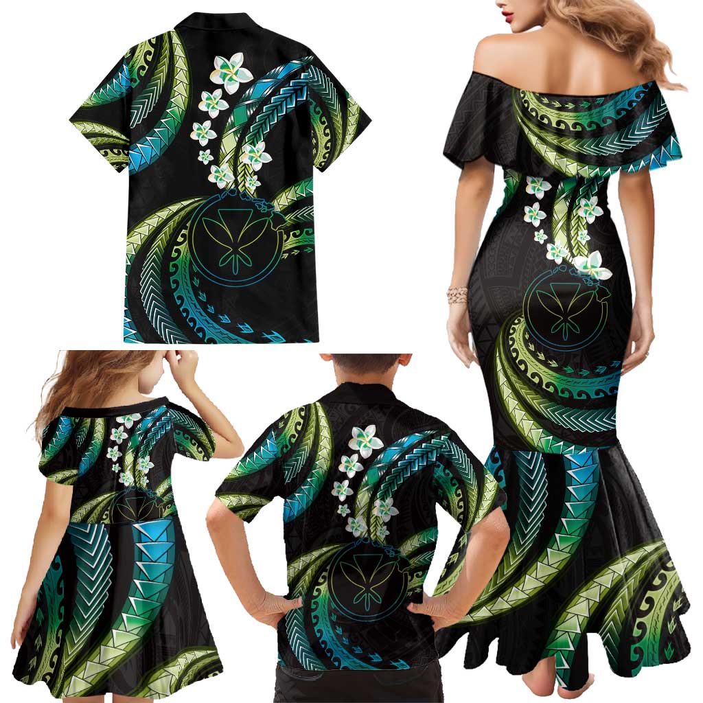 Hawaii Map Kanaka Maoli Family Matching Mermaid Dress and Hawaiian Shirt Fantastic Frangipani Chartreuse Cyan