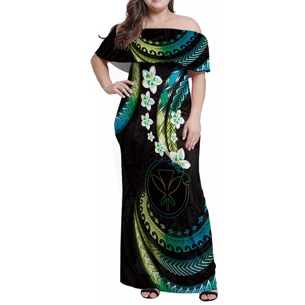 Hawaii Map Kanaka Maoli Family Matching Off Shoulder Maxi Dress and Hawaiian Shirt Fantastic Frangipani Chartreuse Cyan