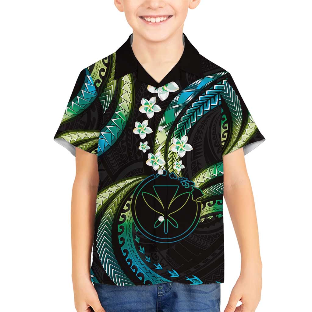 Hawaii Map Kanaka Maoli Family Matching Off Shoulder Short Dress and Hawaiian Shirt Fantastic Frangipani Chartreuse Cyan