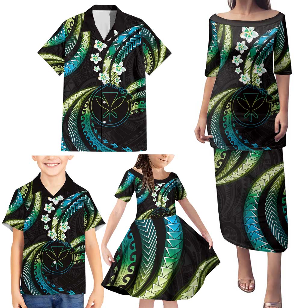 Hawaii Map Kanaka Maoli Family Matching Puletasi and Hawaiian Shirt Fantastic Frangipani Chartreuse Cyan