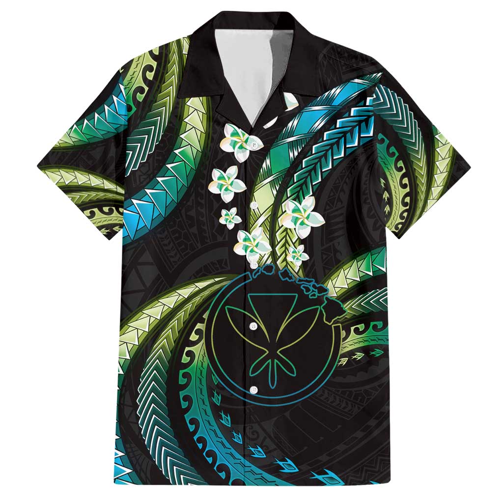 Hawaii Map Kanaka Maoli Family Matching Short Sleeve Bodycon Dress and Hawaiian Shirt Fantastic Frangipani Chartreuse Cyan
