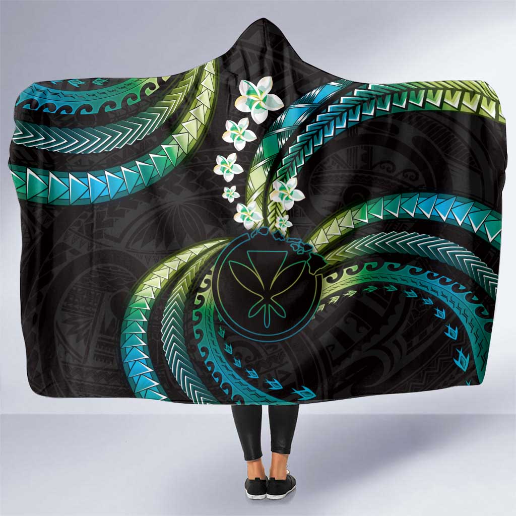 Hawaii Map Kanaka Maoli Hooded Blanket Fantastic Frangipani Chartreuse Cyan LT01 One Size Cyan - Polynesian Pride