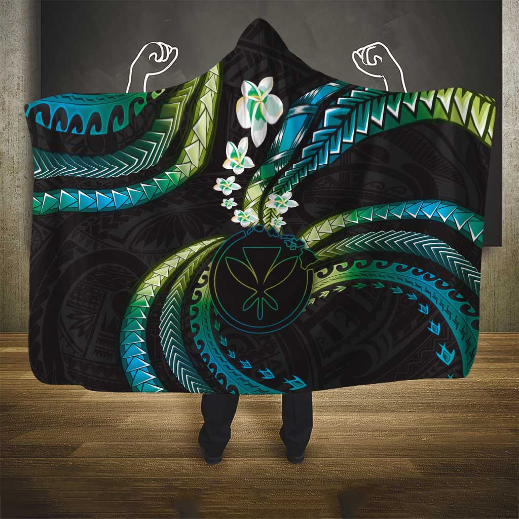 Hawaii Map Kanaka Maoli Hooded Blanket Fantastic Frangipani Chartreuse Cyan LT01 - Polynesian Pride