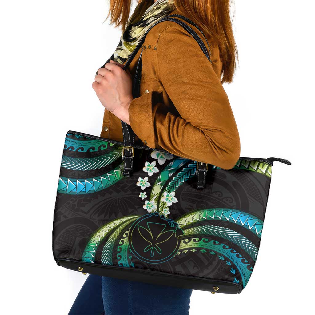 Hawaii Map Kanaka Maoli Leather Tote Bag Fantastic Frangipani Chartreuse Cyan LT01 Cyan - Polynesian Pride