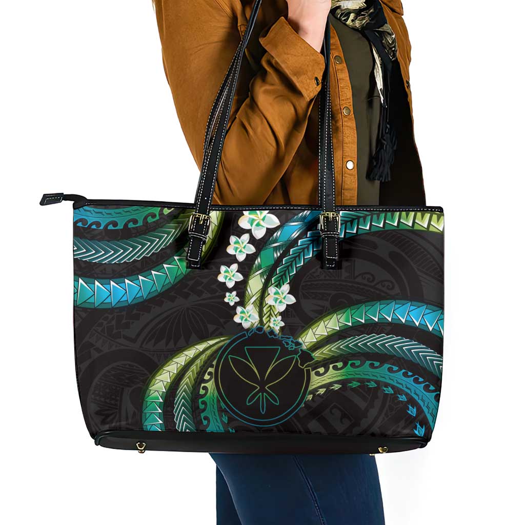 Hawaii Map Kanaka Maoli Leather Tote Bag Fantastic Frangipani Chartreuse Cyan LT01 - Polynesian Pride