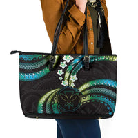 Hawaii Map Kanaka Maoli Leather Tote Bag Fantastic Frangipani Chartreuse Cyan LT01 - Polynesian Pride