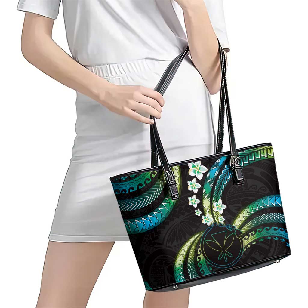 Hawaii Map Kanaka Maoli Leather Tote Bag Fantastic Frangipani Chartreuse Cyan LT01 - Polynesian Pride