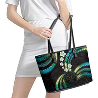 Hawaii Map Kanaka Maoli Leather Tote Bag Fantastic Frangipani Chartreuse Cyan LT01 - Polynesian Pride