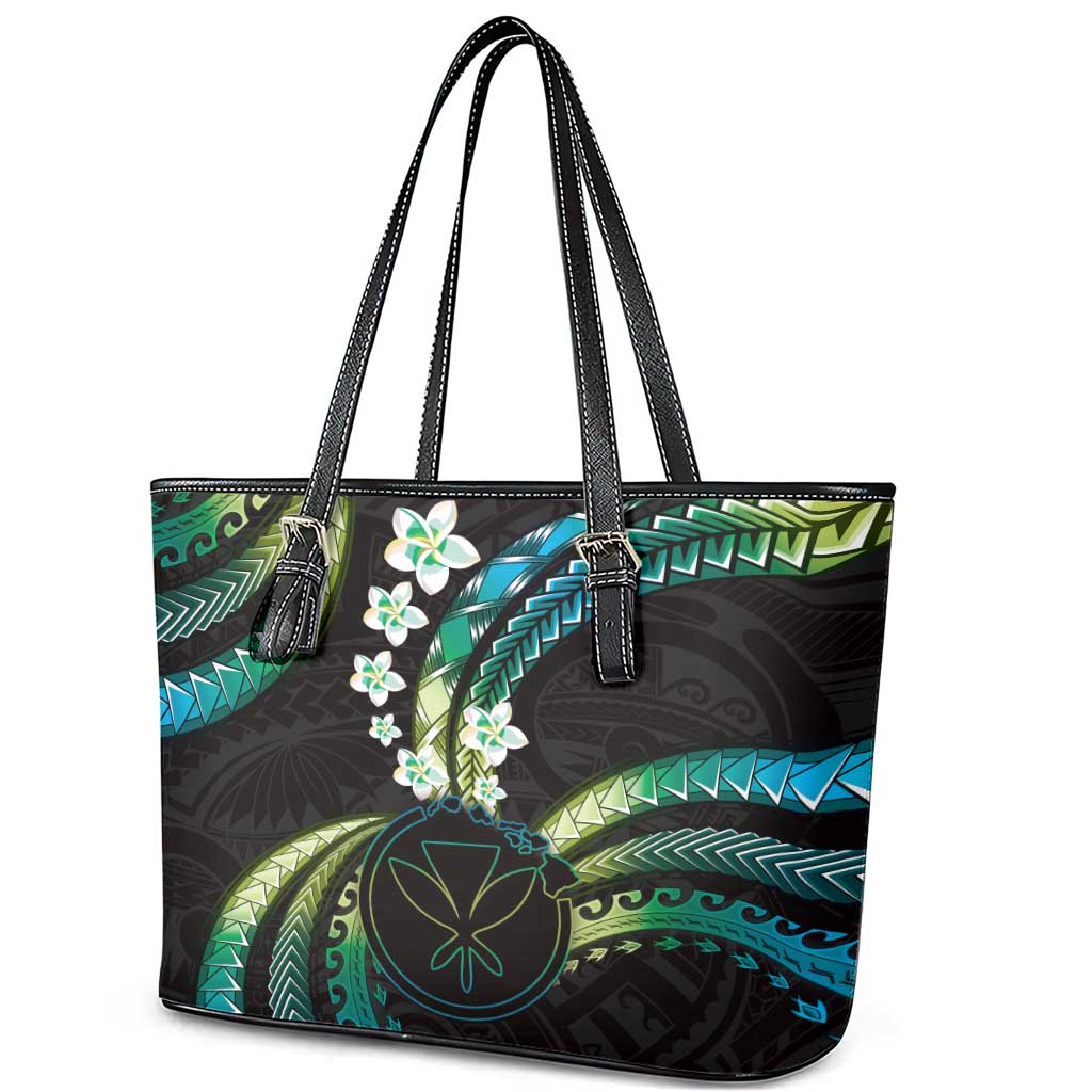 Hawaii Map Kanaka Maoli Leather Tote Bag Fantastic Frangipani Chartreuse Cyan LT01 - Polynesian Pride