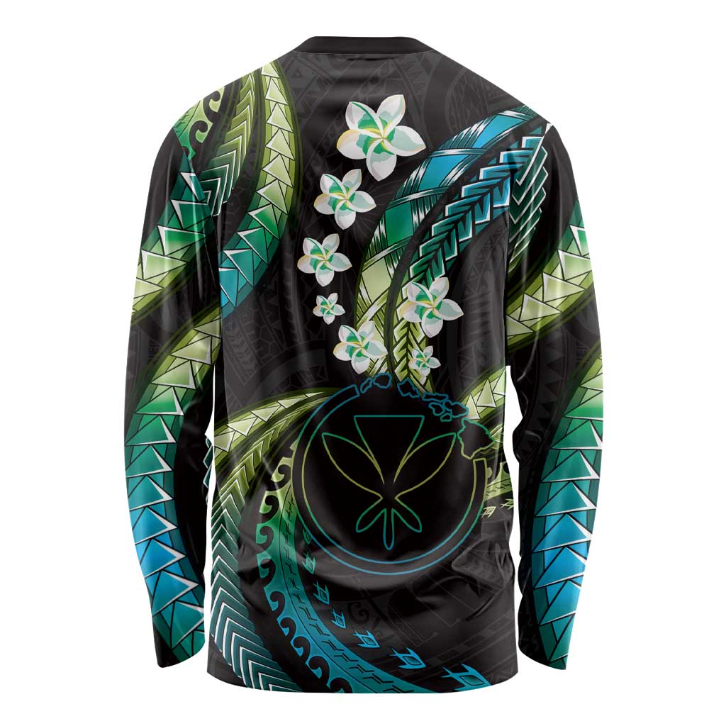 Hawaii Map Kanaka Maoli Long Sleeve Shirt Fantastic Frangipani Chartreuse Cyan LT01 - Polynesian Pride
