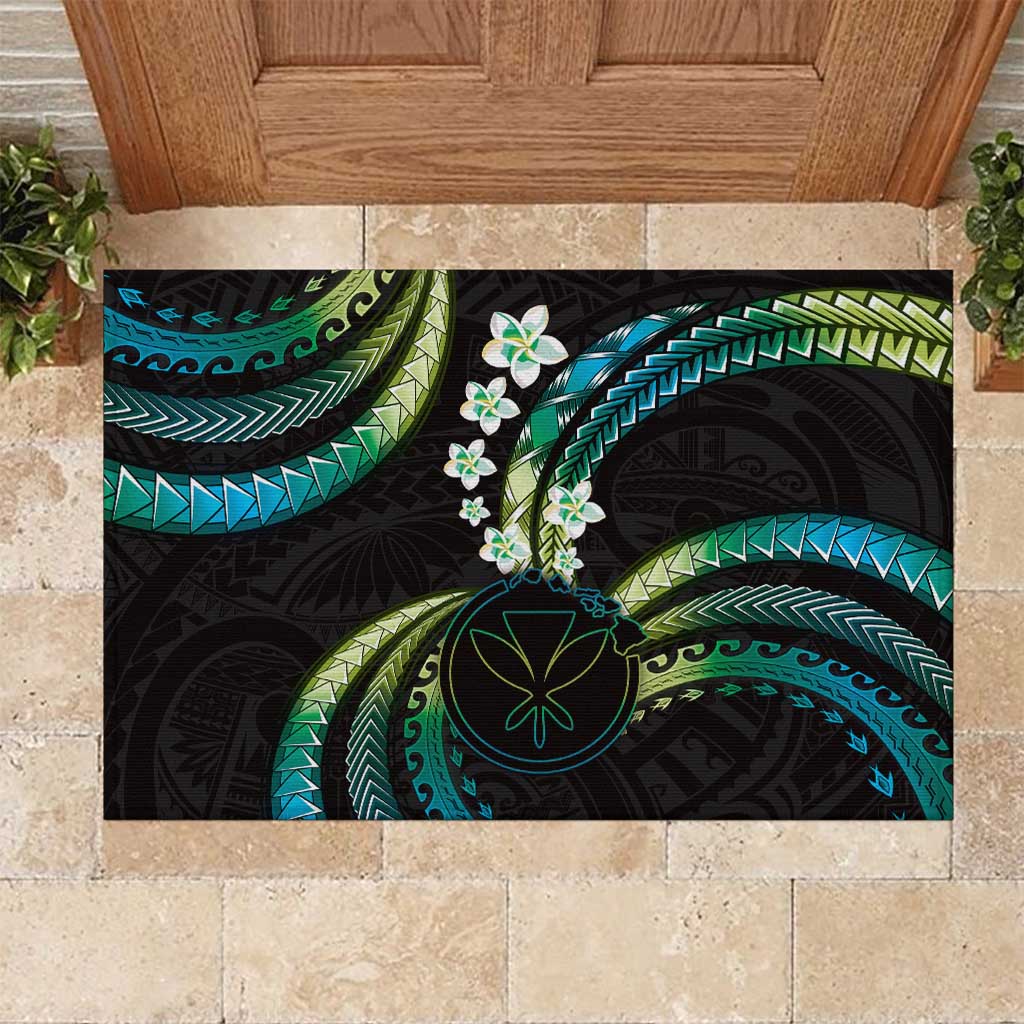 Hawaii Map Kanaka Maoli Rubber Doormat Fantastic Frangipani Chartreuse Cyan