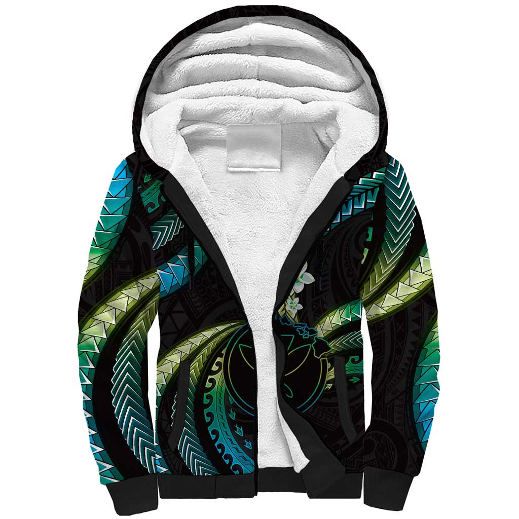 Hawaii Map Kanaka Maoli Sherpa Hoodie Fantastic Frangipani Chartreuse Cyan LT01 Unisex Cyan - Polynesian Pride