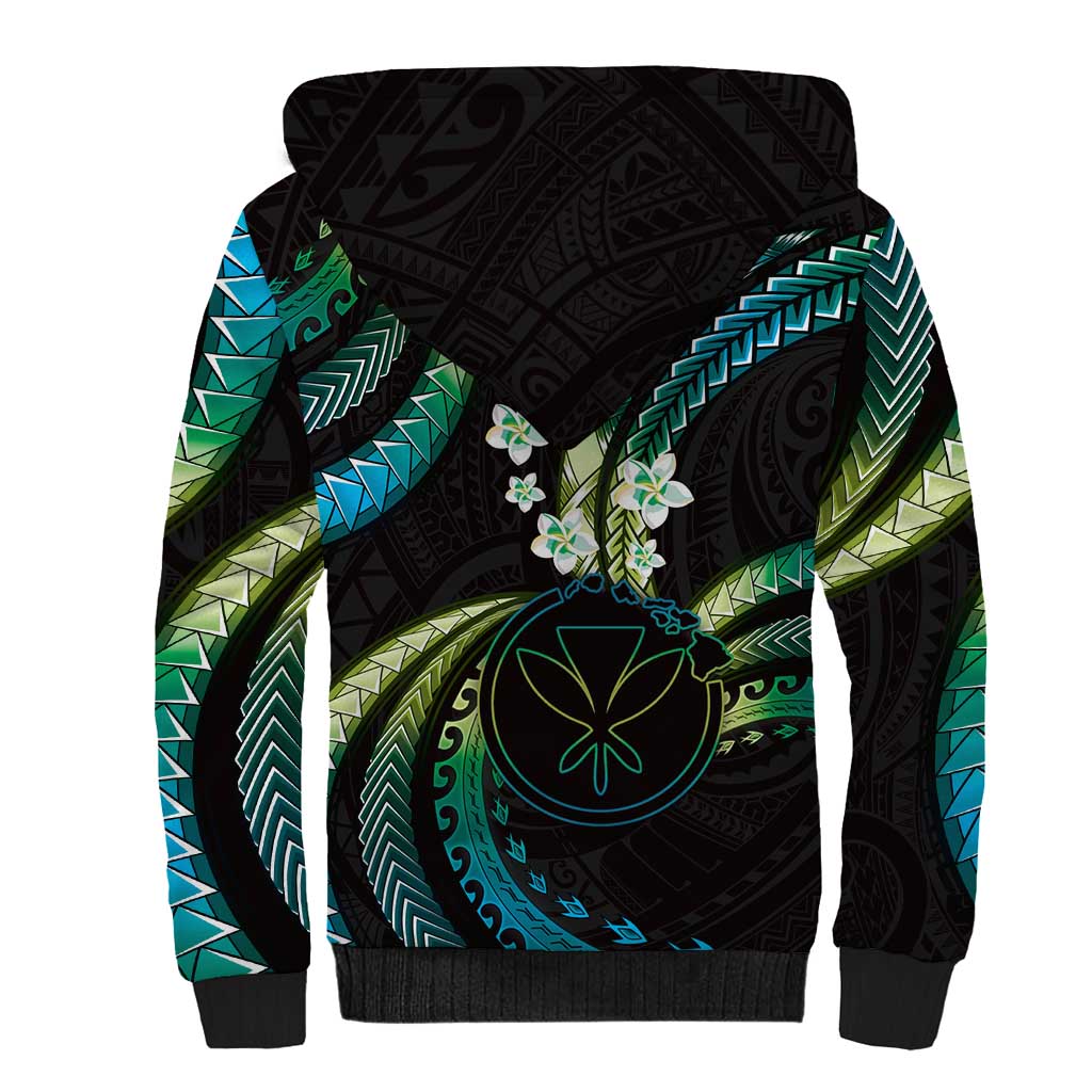Hawaii Map Kanaka Maoli Sherpa Hoodie Fantastic Frangipani Chartreuse Cyan LT01 - Polynesian Pride