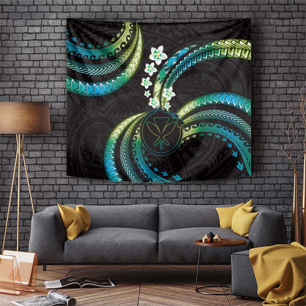 Hawaii Map Kanaka Maoli Tapestry Fantastic Frangipani Chartreuse Cyan