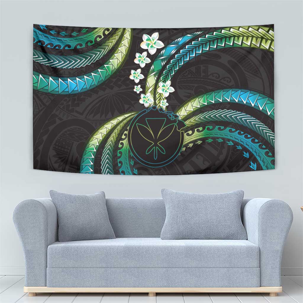Hawaii Map Kanaka Maoli Tapestry Fantastic Frangipani Chartreuse Cyan LT01 - Polynesian Pride