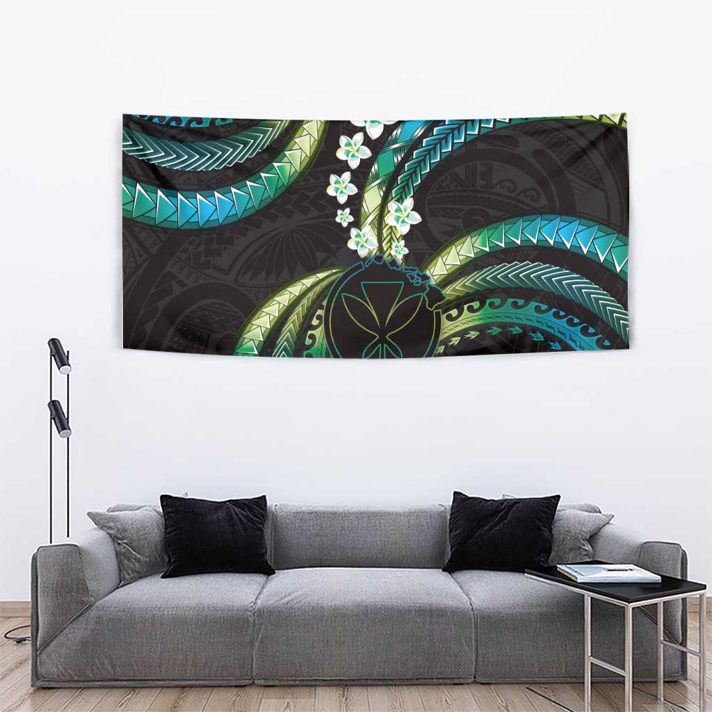 Hawaii Map Kanaka Maoli Tapestry Fantastic Frangipani Chartreuse Cyan LT01 - Polynesian Pride