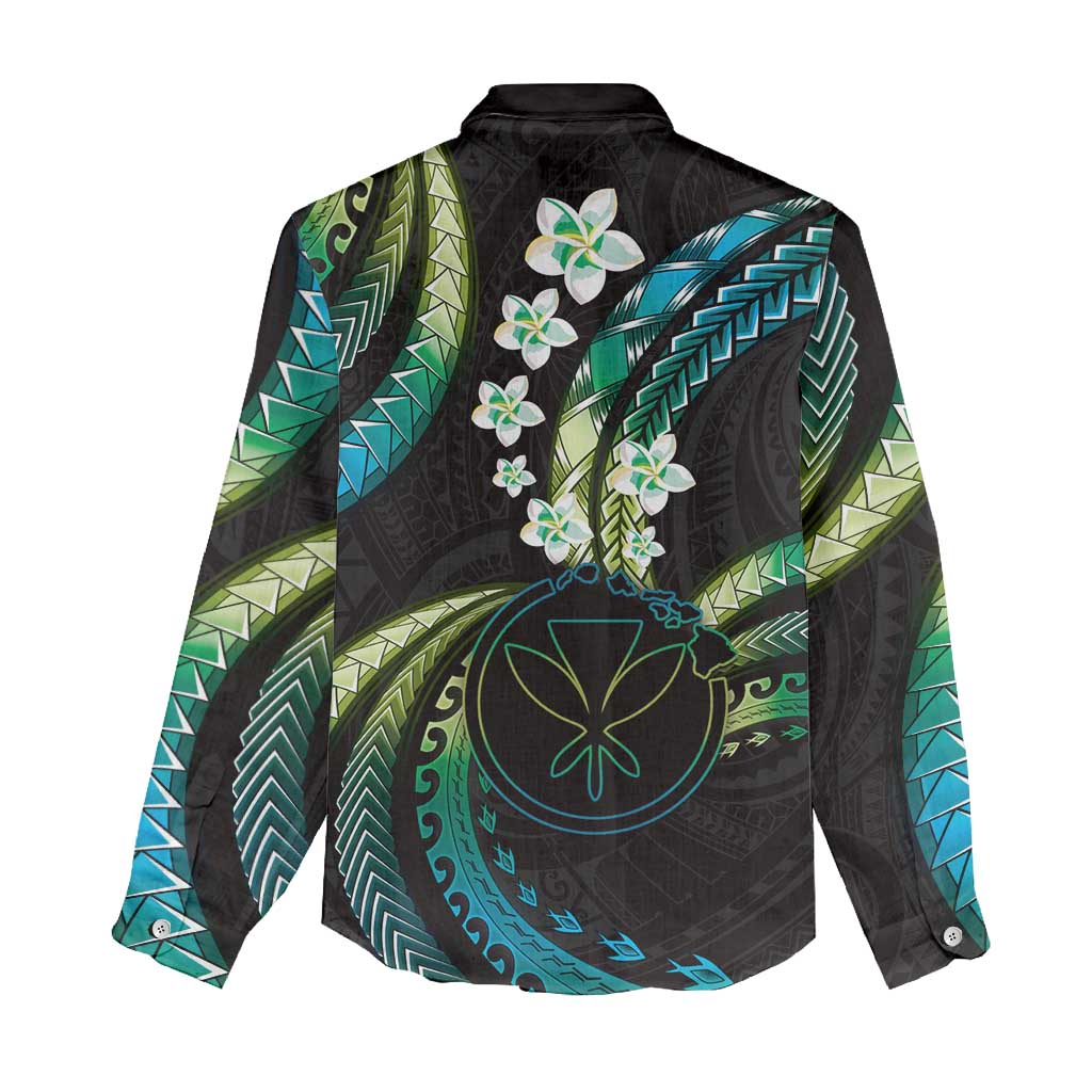 Hawaii Map Kanaka Maoli Women Casual Shirt Fantastic Frangipani Chartreuse Cyan