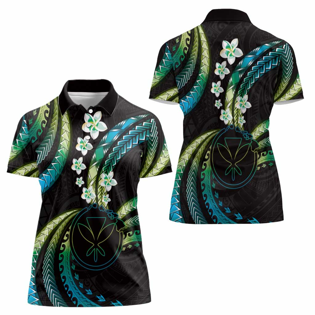 Hawaii Map Kanaka Maoli Women Polo Shirt Fantastic Frangipani Chartreuse Cyan