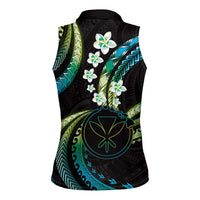 Hawaii Map Kanaka Maoli Women Sleeveless Polo Shirt Fantastic Frangipani Chartreuse Cyan