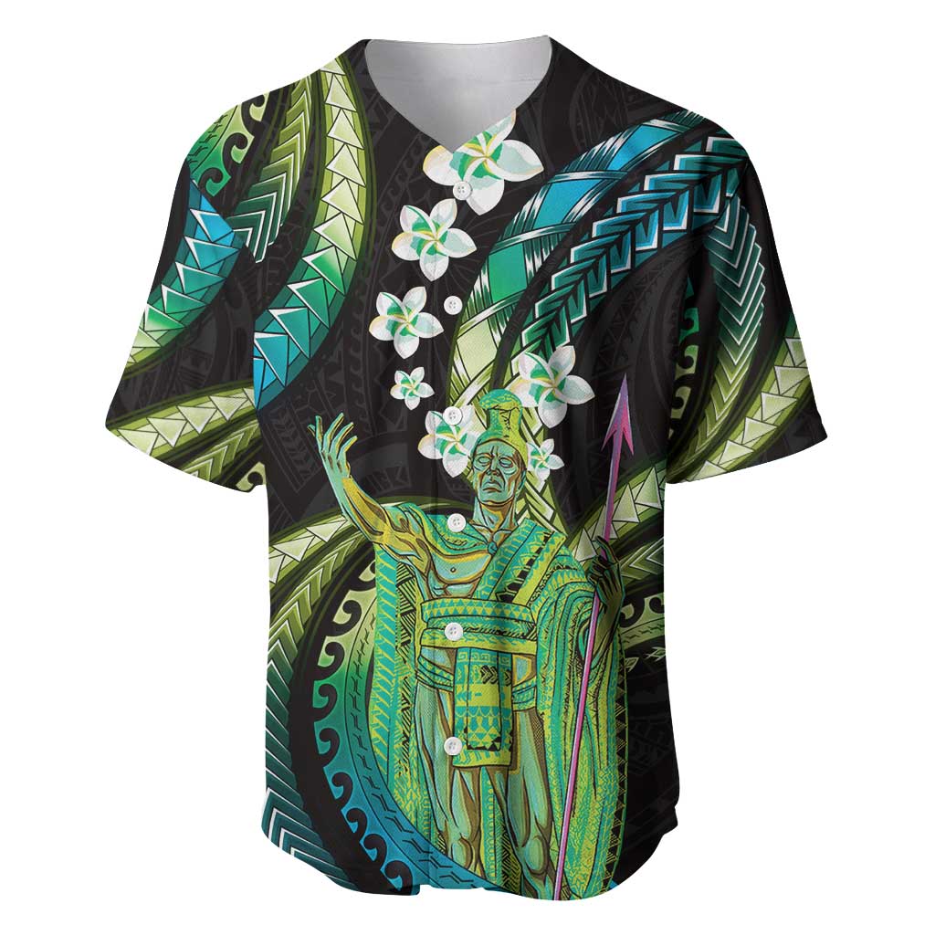 Hawaii King Kamehameha Baseball Jersey Fantastic Plumeria Chartreuse Cyan