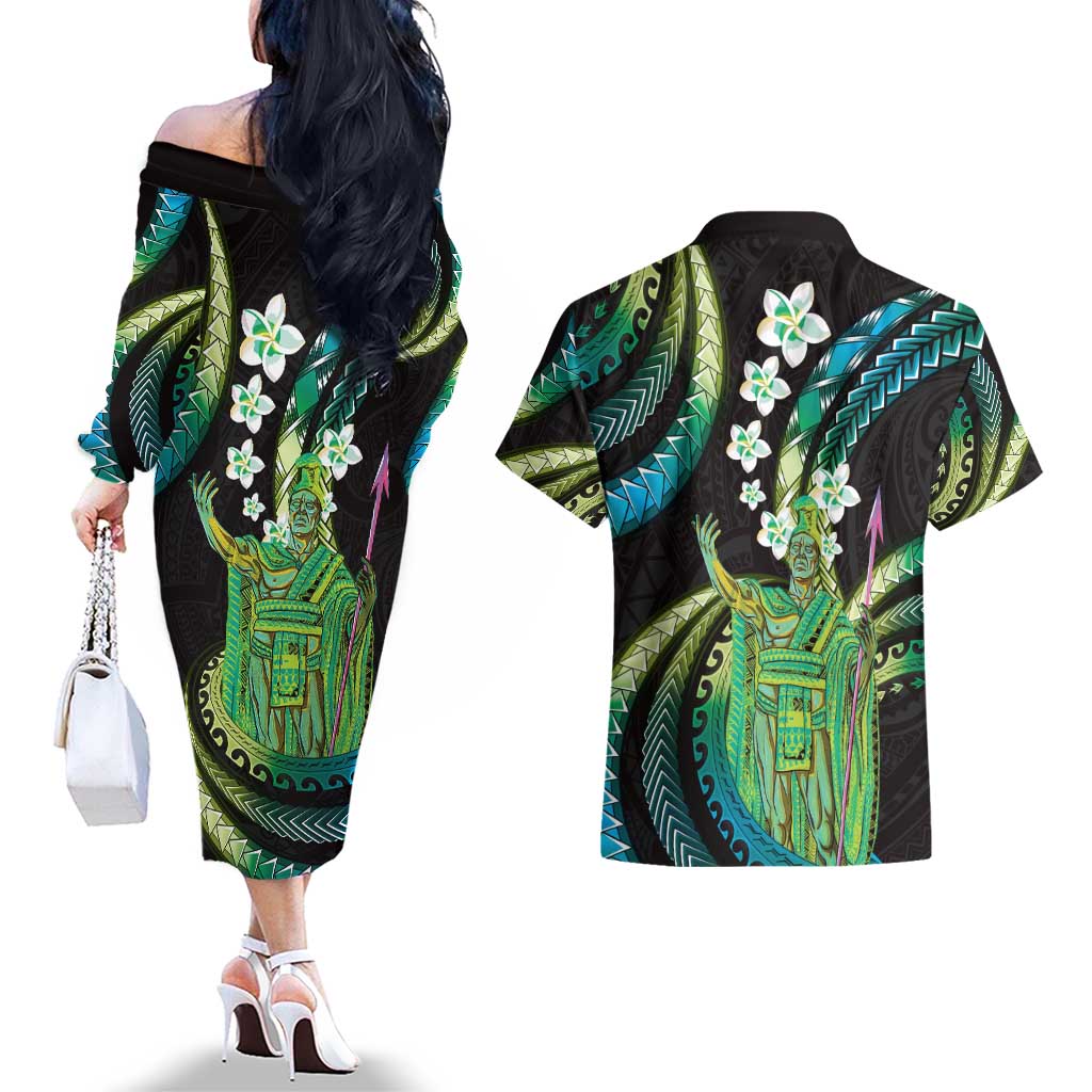 Hawaii King Kamehameha Couples Matching Off The Shoulder Long Sleeve Dress and Hawaiian Shirt Fantastic Plumeria Chartreuse Cyan