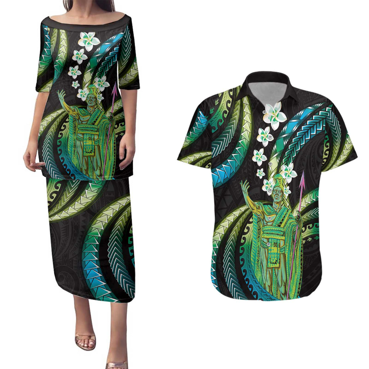 Hawaii King Kamehameha Couples Matching Puletasi and Hawaiian Shirt Fantastic Plumeria Chartreuse Cyan LT01 Cyan - Polynesian Pride