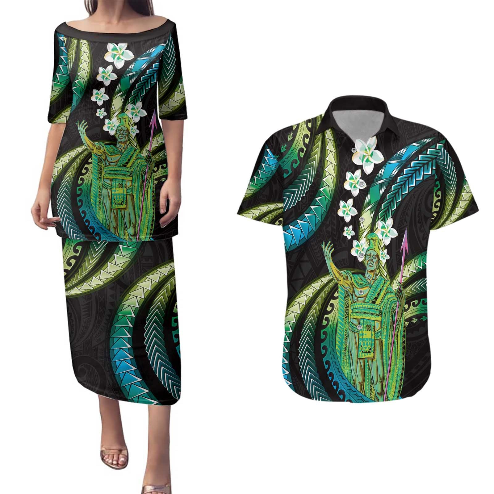 Hawaii King Kamehameha Couples Matching Puletasi and Hawaiian Shirt Fantastic Plumeria Chartreuse Cyan