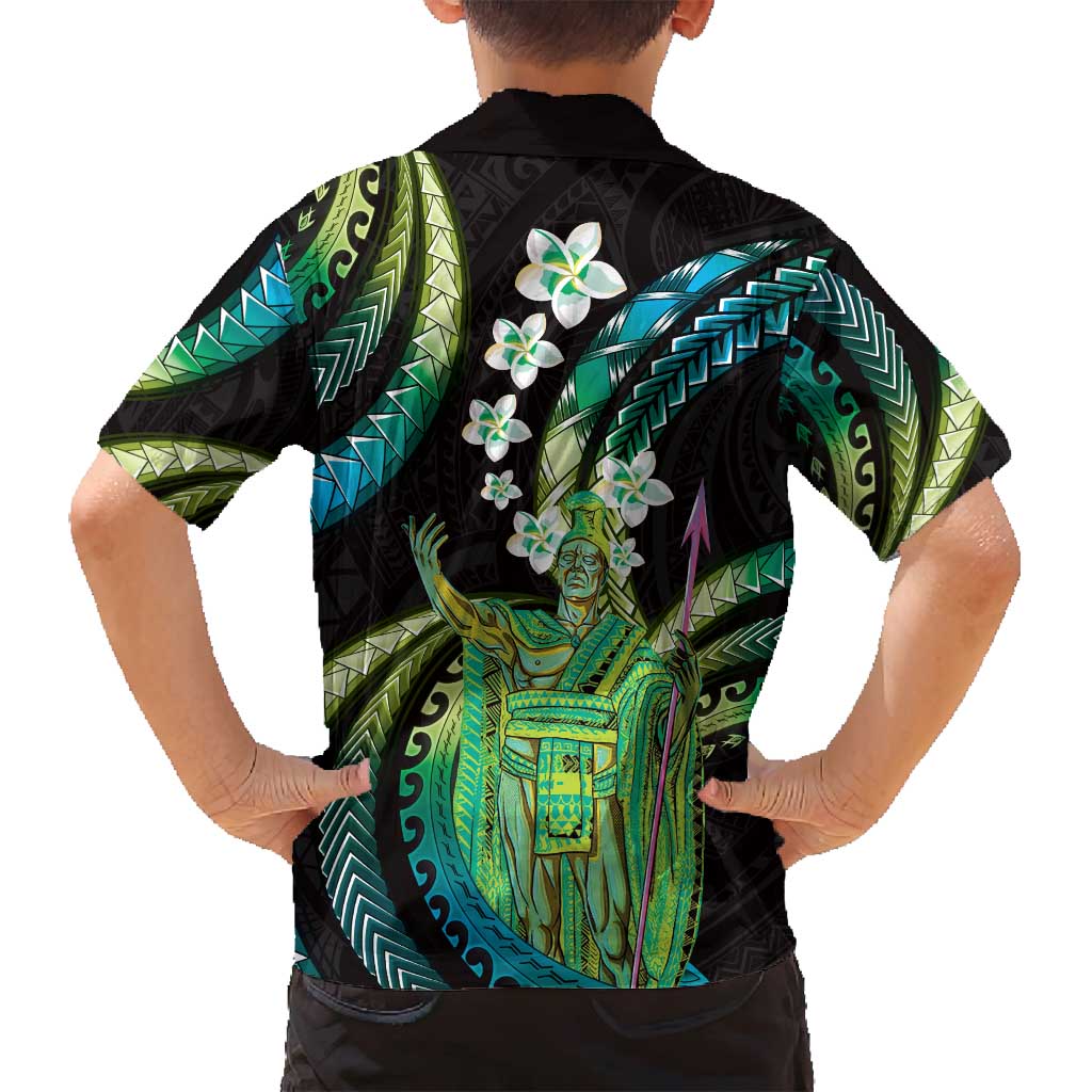 Hawaii King Kamehameha Family Matching Long Sleeve Bodycon Dress and Hawaiian Shirt Fantastic Plumeria Chartreuse Cyan