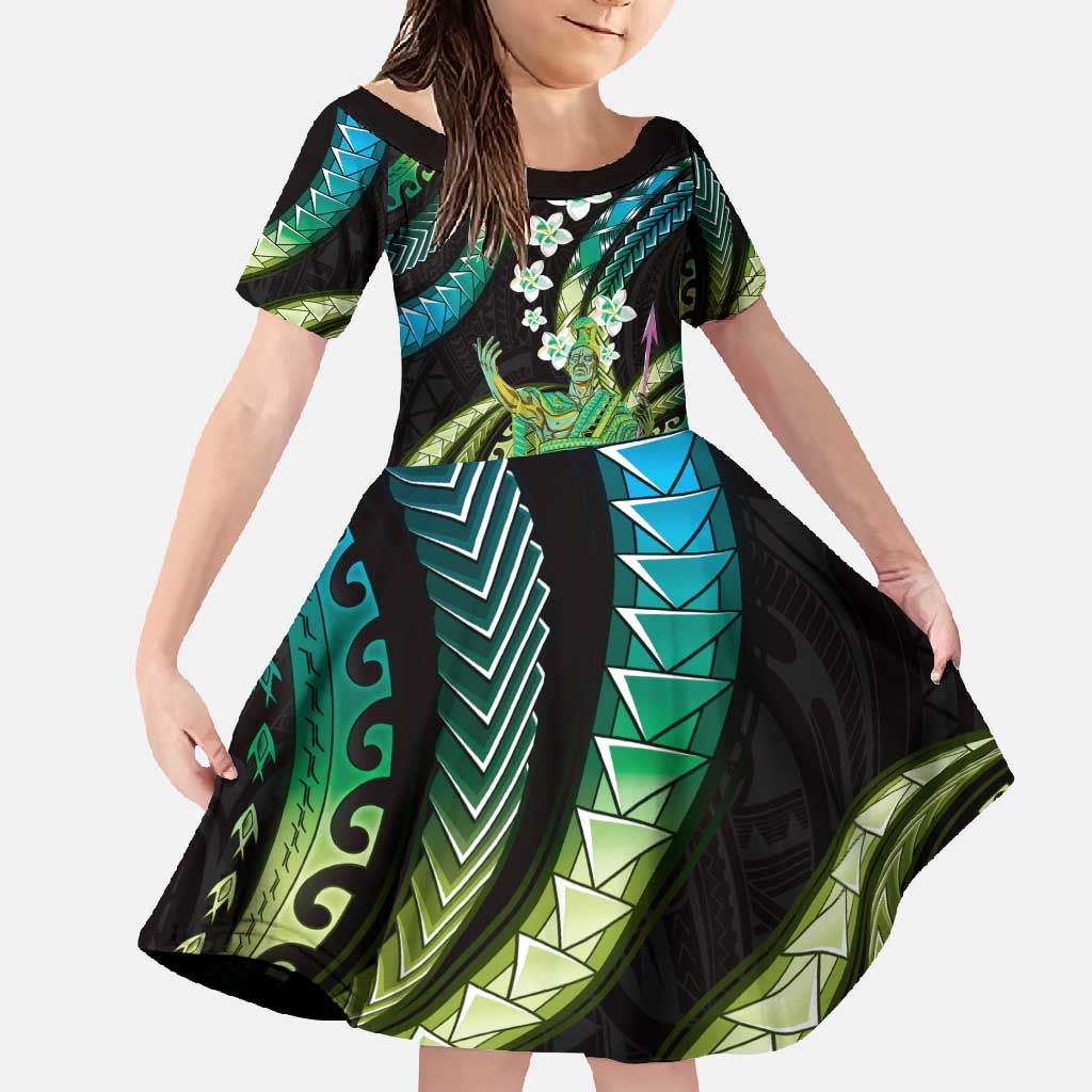 Hawaii King Kamehameha Family Matching Long Sleeve Bodycon Dress and Hawaiian Shirt Fantastic Plumeria Chartreuse Cyan